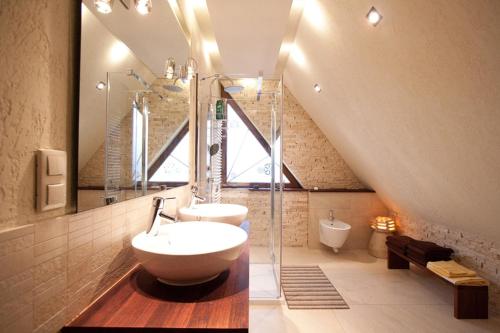 考斯赛力克Apartment U Lejbusia的一间带水槽和玻璃淋浴的浴室