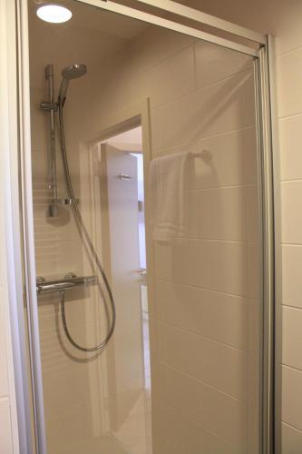 TubizeMondo hôtel的浴室里设有玻璃门淋浴