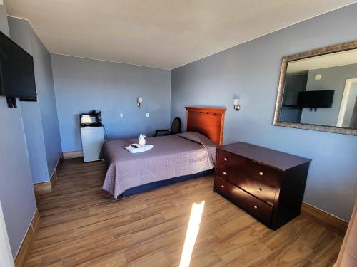 圣安东尼奥Travel Inn San Antonio的一间卧室配有一张床、梳妆台和镜子