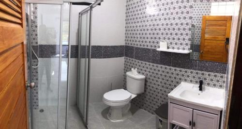 Ban Ai DaoVilla MILTONIA的浴室配有卫生间、淋浴和盥洗盆。