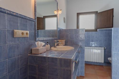 MolinicosCasa Rural El Abuelo Luis的蓝色瓷砖浴室设有水槽和镜子