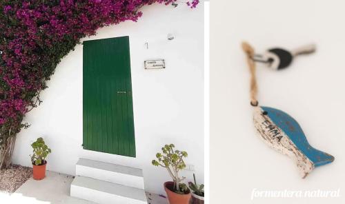 圣弗朗西斯科哈维尔Casas Emma y Sofía - Porto Sale - Formentera Natural的白色墙壁上的绿色门,花紫色