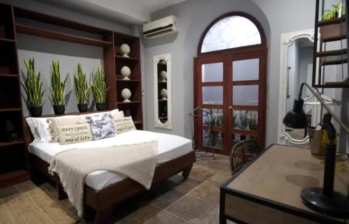 巴拿马城AmazINN Places Rooftop and Jacuzzi的一间卧室配有一张床和一张植物书桌