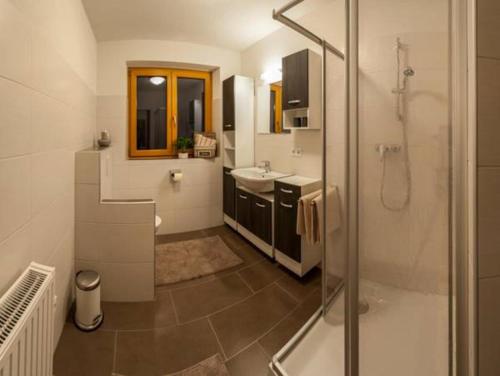 蓬高圣约翰Appartements Haidl的带淋浴和盥洗盆的浴室