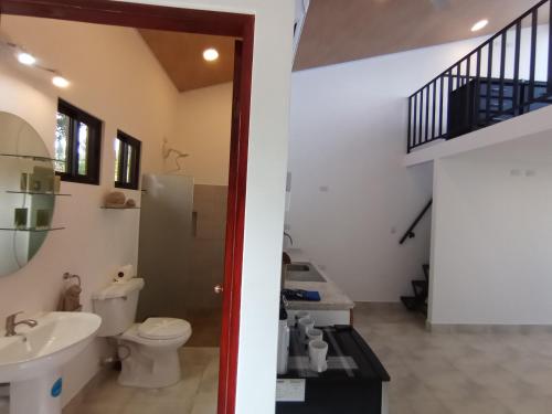 德雷克Tapirus Playa的一间带卫生间、水槽和楼梯的浴室