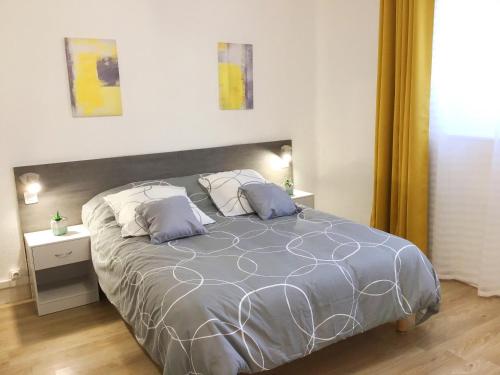 卢尔德Appartements Sun, parking, centre ville , proche Sanctuaires的一间卧室配有一张大床和两个枕头