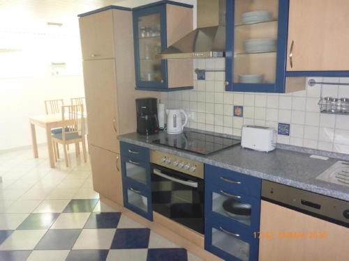 HeckendalheimFerienwohnung Christine的厨房配有蓝色橱柜和 ⁇ 格地板
