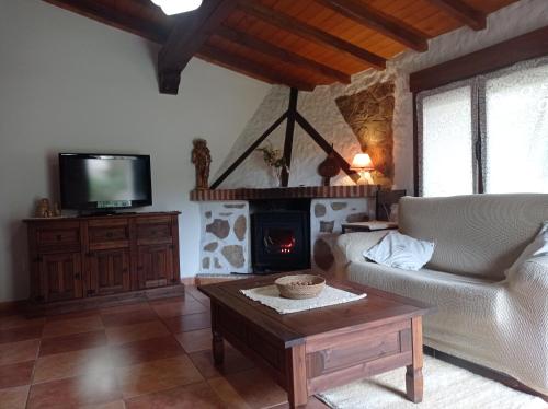 CepedaCasa Rural El Turuterro的带沙发和壁炉的客厅