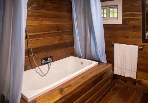 博卡斯德尔托罗Dolphin Blue Paradise的带浴缸的浴室,设有木墙