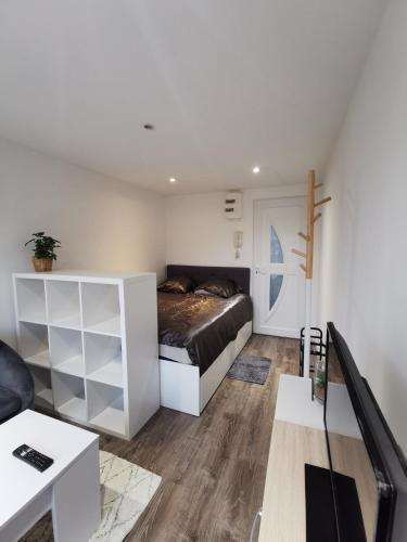 埃皮纳勒Le Cozy - Hyper centre - Calme - Moyenne durée的一间小卧室,配有一张床和一张书桌