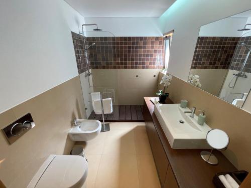 阿尔布费拉Albufeira Lux Apartment的一间带水槽、卫生间和镜子的浴室