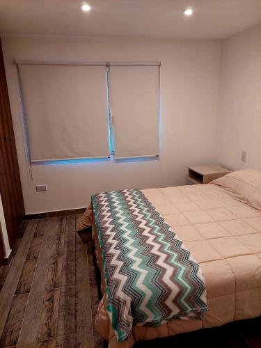 圣卡洛斯-德巴里洛切Departamento playa bonita Bariloche的一间卧室设有一张床和一个大窗户