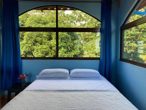 奥霍查尔El Paraiso Azul的一间蓝色卧室,配有床和2个窗户