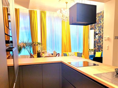 布鲁塞尔Brand new CAMELIA ROOM with private bathroom的一间厨房,里面配有黄色和蓝色的窗帘