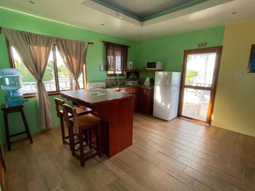 库尔克岛Hidden Treasure Vacation Home Blue Bay Cottage的厨房设有绿色的墙壁和木地板