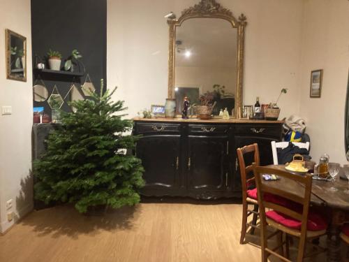 鲁昂Lucky's bedroom的一间用餐室,配有圣诞树和镜子