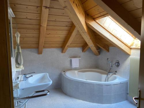 莫埃纳Dolomites Hotel La Meridiana的浴室配有白色浴缸和水槽