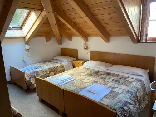 莫埃纳Dolomites Hotel La Meridiana的带2扇窗户的客房内的2张床