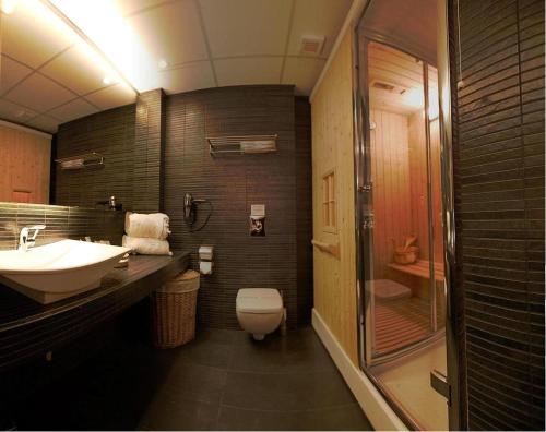 米蒂利尼Elysion Hotel的一间带水槽、卫生间和淋浴的浴室