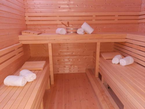 Silberstedt02 Premium Camping Pod的一间带毛巾和水槽的桑拿浴室