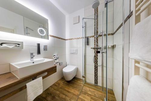 本特维施赫尔曼兰德加特酒店的一间带水槽、卫生间和淋浴的浴室