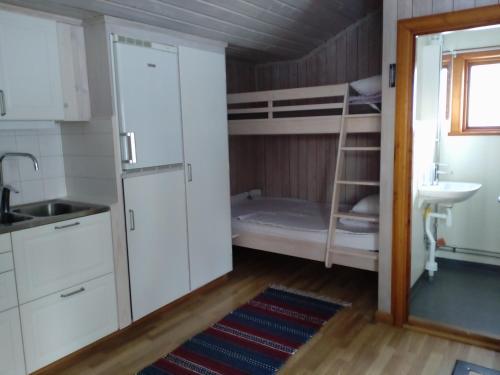 赖特维克费罗威度假山林小屋的小房间设有双层床和水槽