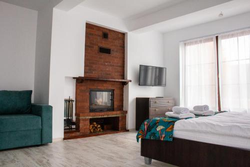PrejmerVila Sol的一间卧室设有壁炉、一张床和一把椅子