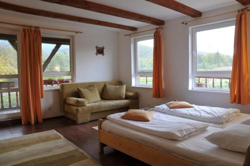 Arpaşu de Sus帕斯特拉瓦利亚阿伯塔度假村的一间卧室设有两张床、一张沙发和窗户。