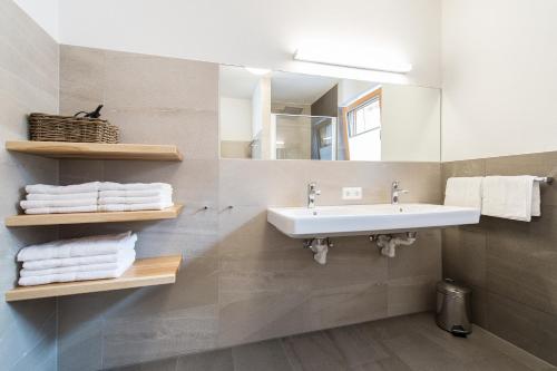 阿尔卑巴赫Haus Mühlleiten的浴室配有盥洗盆、镜子和毛巾