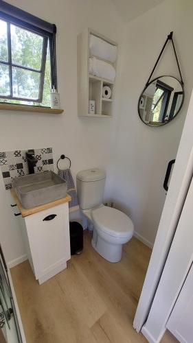 普利登堡湾Luxury Shepherds Hut Retreat的浴室设有卫生间和墙上的镜子。