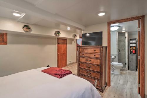 杜兰戈Secluded Cabin with Hot Tub, Game Room and Views!的一间卧室配有一张床和一台电视,还设有一间浴室