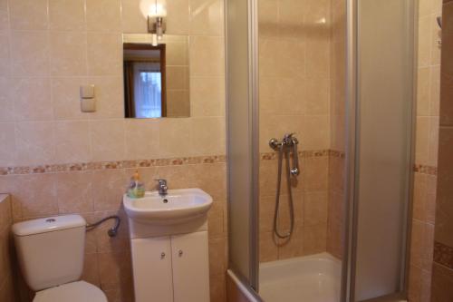 奇强卡加戈纳宾馆的带淋浴、卫生间和盥洗盆的浴室