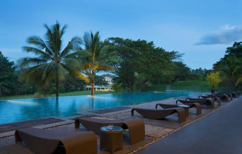 美娜多诺富特曼纳多高尔夫会议度假酒店的一个带椅子和棕榈树的度假游泳池