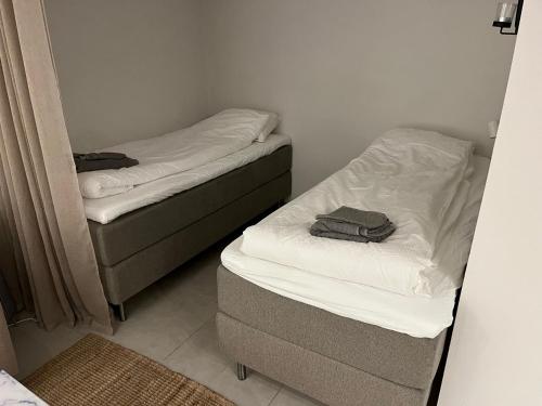 巴斯塔德Plomben B的小型客房配有2张单人床和镜子