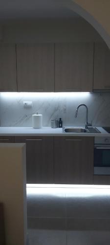 贝尔格莱德Filip Luxury Suite的白色的厨房配有水槽和灯