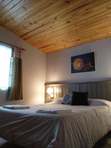 埃斯克尔Cabañas Pyracantha的一间卧室设有一张带木制天花板的大床