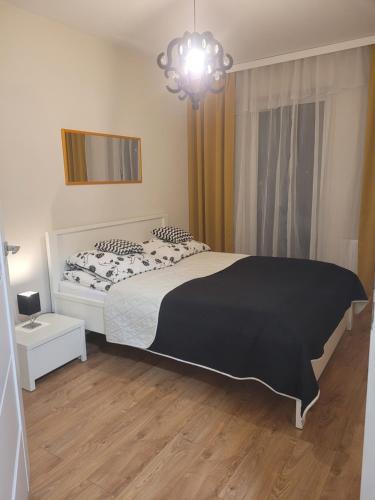 埃尔布隆格APARTAMENT-SADOWA的卧室配有黑白床和吊灯。