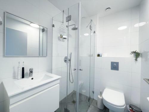 特拉维夫Midtown Tel Aviv Luxury Apartment的带淋浴、卫生间和盥洗盆的浴室