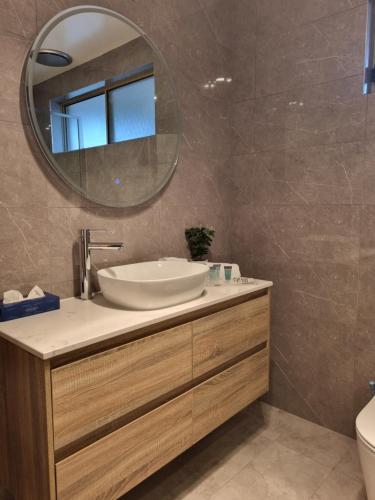 纳甘比纳甘比会议中心汽车旅馆的一间带水槽和镜子的浴室