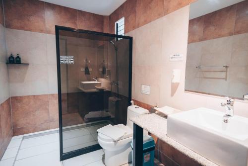 邦劳阿罗那北国度假酒店 的带淋浴、卫生间和盥洗盆的浴室