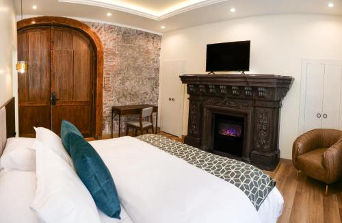 里奥班巴Wanderlot - Hotel Plaza Central的一间卧室配有一张带壁炉和电视的床。