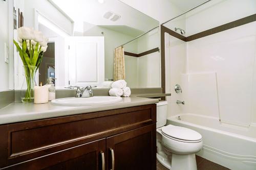 兰利Comfortable and Modern Rowhouse Perfect for BC Escapade, air conditioned的浴室配有盥洗盆、卫生间和浴缸。