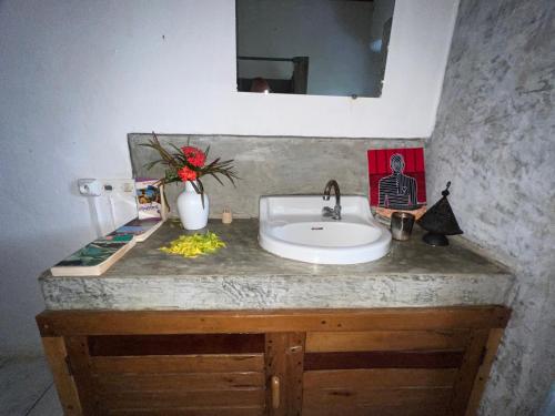 贝岛Corto Novo Maison d'hôtes-Camping的浴室的柜台设有水槽和镜子