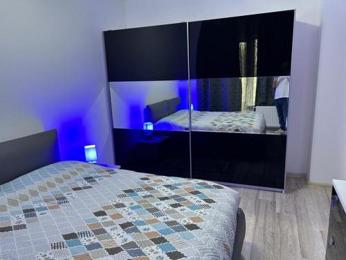 克卢日-纳波卡B&B Iulius的一间卧室配有一张床和一面大镜子