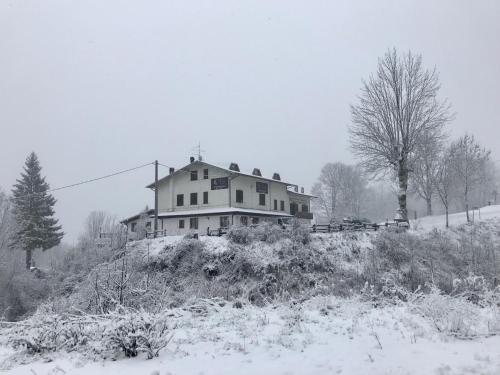 皮耶韦佩拉戈La Buca delle Fate的雪中山顶的房屋