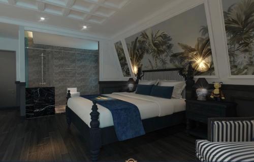 下龙湾Ha Long Essence Premium Hotel的一间卧室配有一张床和一个壁炉