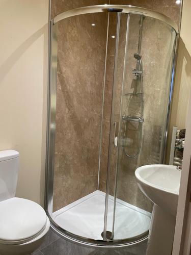 凯里肯Glenarroch & Witchwood的带淋浴的浴室(带卫生间和水槽)