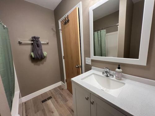 比林斯Restful single bedroom getaway的一间带水槽、镜子和淋浴的浴室