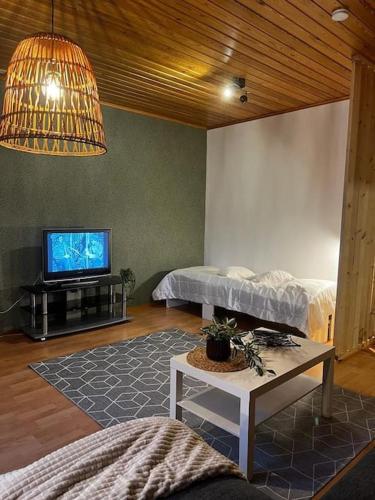 萨里耶尔维Tilava huoneisto的客厅配有两张床和一台平面电视