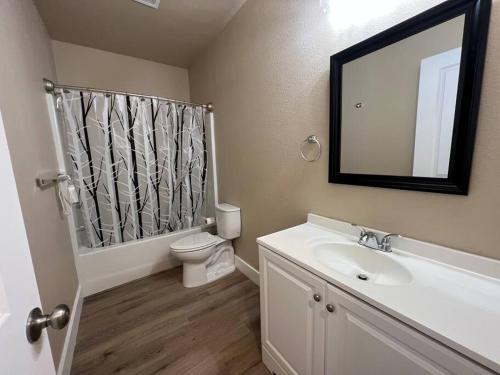 比林斯Freshly renovated home in a vintage neighborhood的一间带水槽、卫生间和镜子的浴室